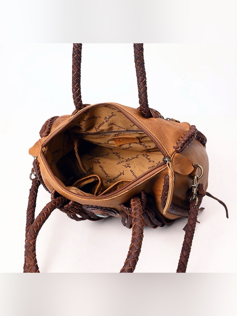 Western Boho Tassel Leather Satchel in Tan and Brown - Picture 6 of 6